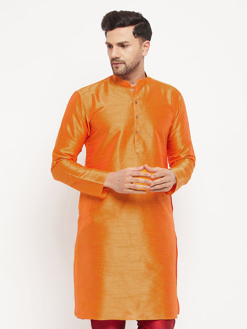 VASTRAMAY Men's Orange Cotton Silk Blend Kurta